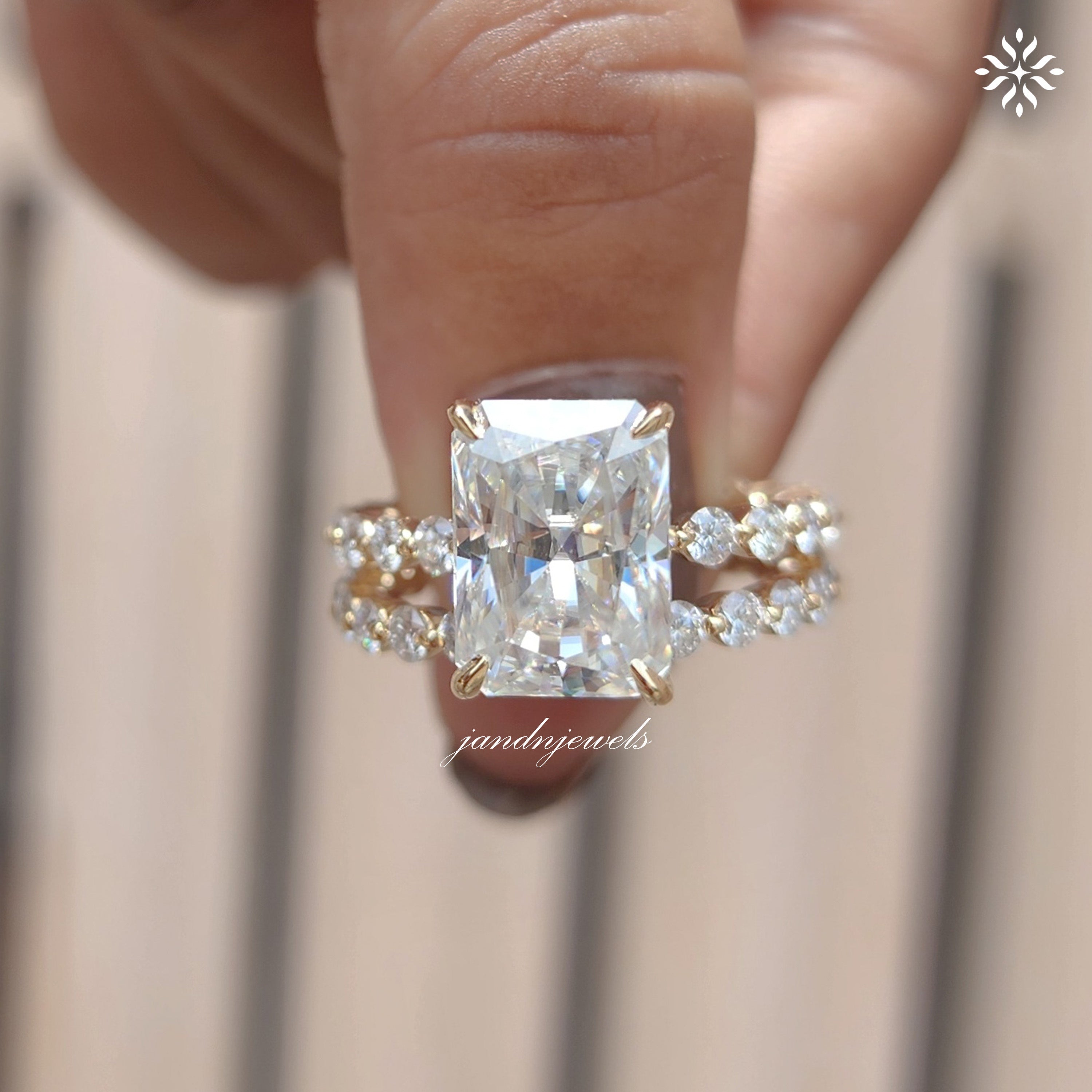 4CT Radiant Cut Moissanite Engagement Ring Set Bubble Band Ring Wedding Ring Set Bridal Ring Set Hidden Halo Ring