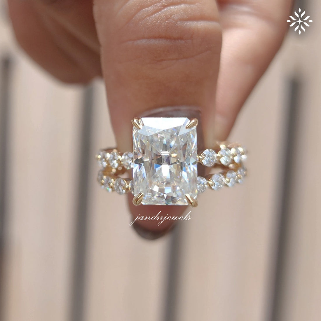 4CT Radiant Cut Moissanite Engagement Ring Set Bubble Band Ring Wedding Ring Set Bridal Ring Set Hidden Halo Ring