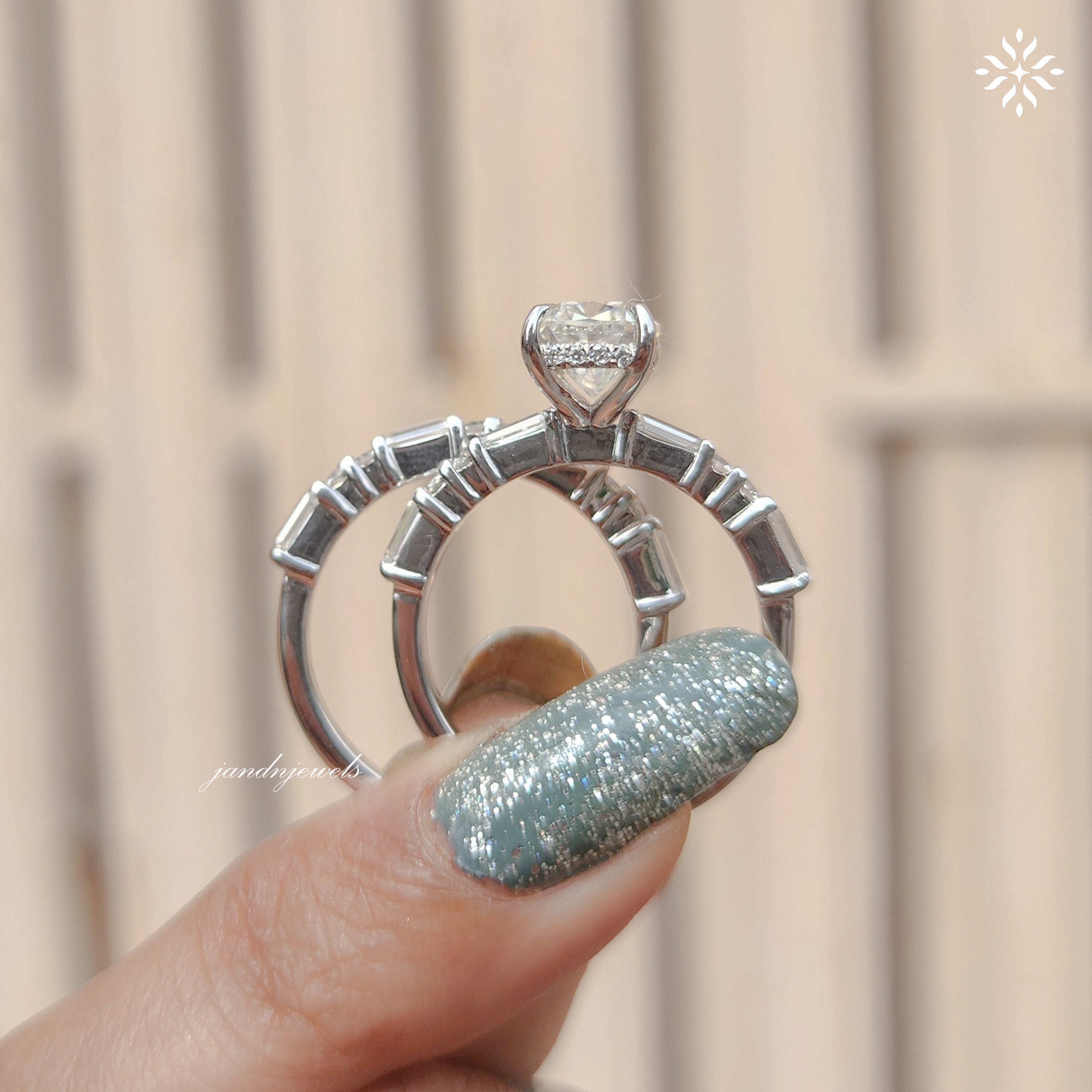 Elongated Cushion Cut Moissanite Engagement Ring Set Baguette & Round Diamond Band Bridal Ring Set 14K White Gold Ring Set