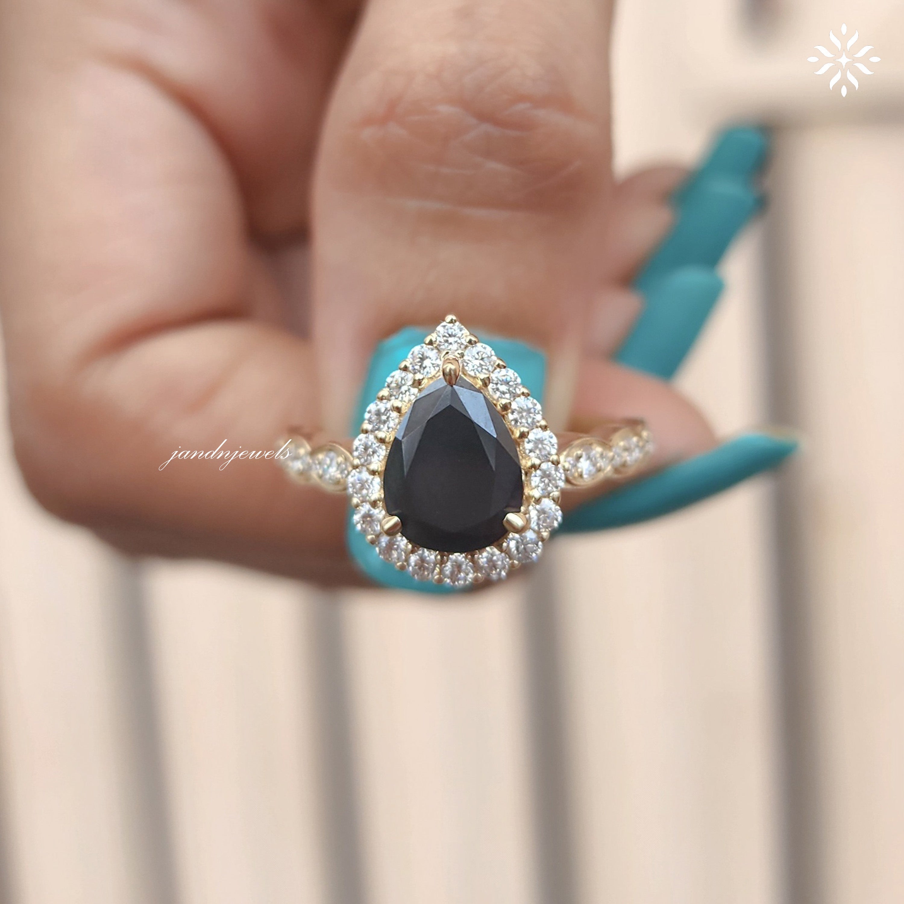 Black Pear Moissanite Ring Set Vintage Inspired Halo Engagement Ring With Marquise Wedding Band