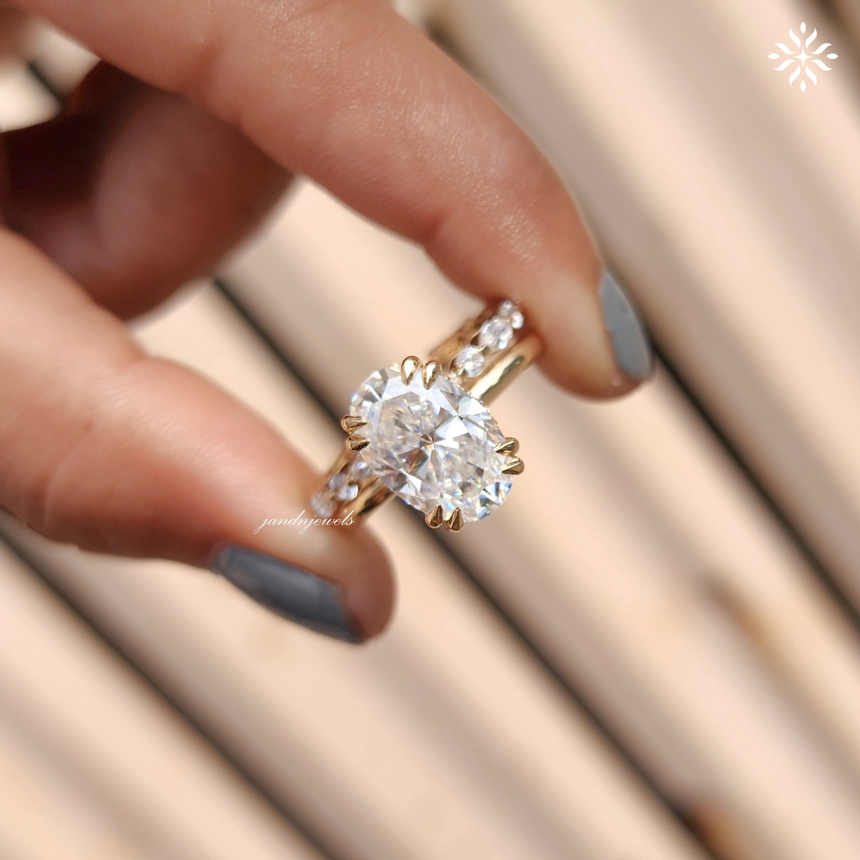 3CT Oval Cut Moissanite Engagement Ring Set Hidden Halo Dabble Prong Ring 14K Solid Gold Bridal Ring Set Personalized Name Initial Ring