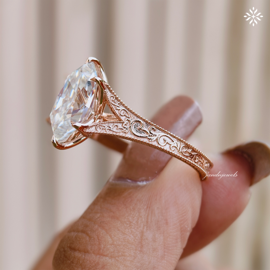 Dutch Marquise Moissanite Engagement Ring Art Deco Engraved Band Solitaire Ring 14K Gold Six Prong Designer Bridal Ring For Her
