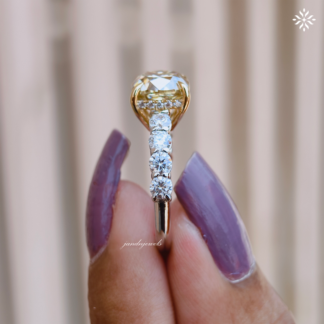 Fancy Intense Yellow Cushion Cut Lab Grown Diamond Engagement Ring Two Tone Ring Hidden Halo Ring Cathedral Setting Ring
