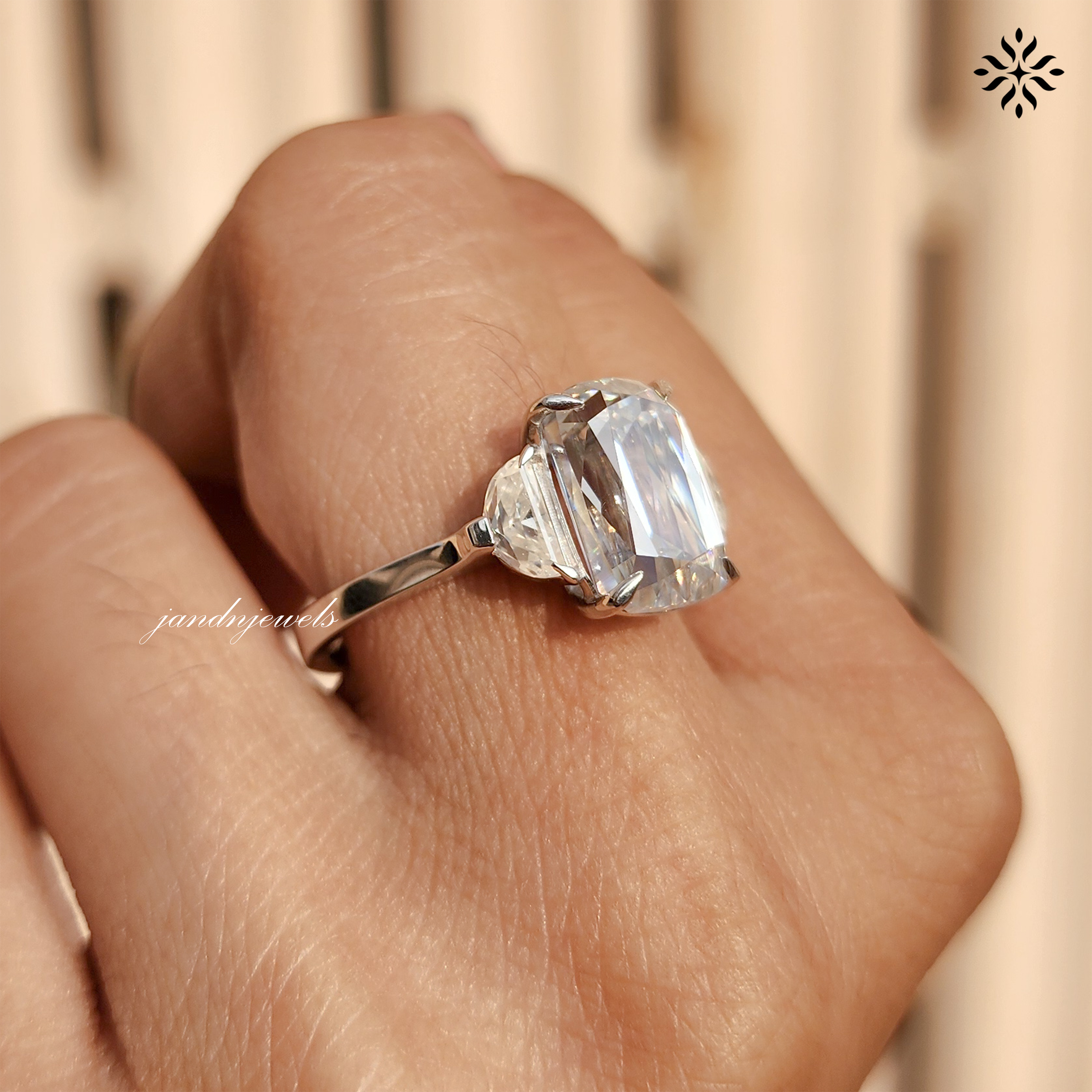 Elongated Criss Cut Cushion Moissanite Engagement Ring Three Stone Wedding Ring Side Stone Half Moon Trilogy Ring Multi Stone Ring for Her