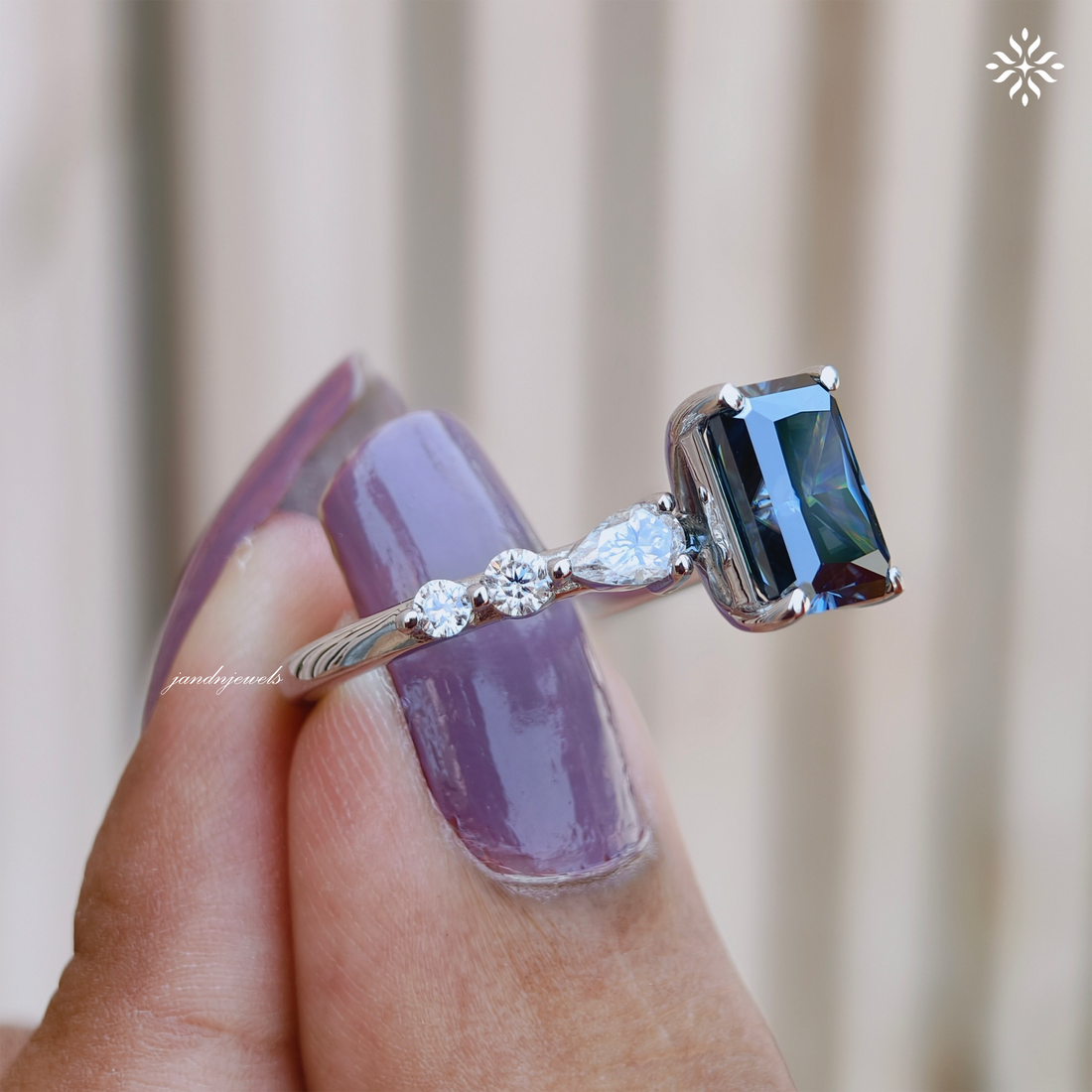 Royal Blue Radiant Cut Moissanite Engagement Ring Pear Accent Band Art Deco Gold Ring Unique Bridal Anniversary Gift for Her