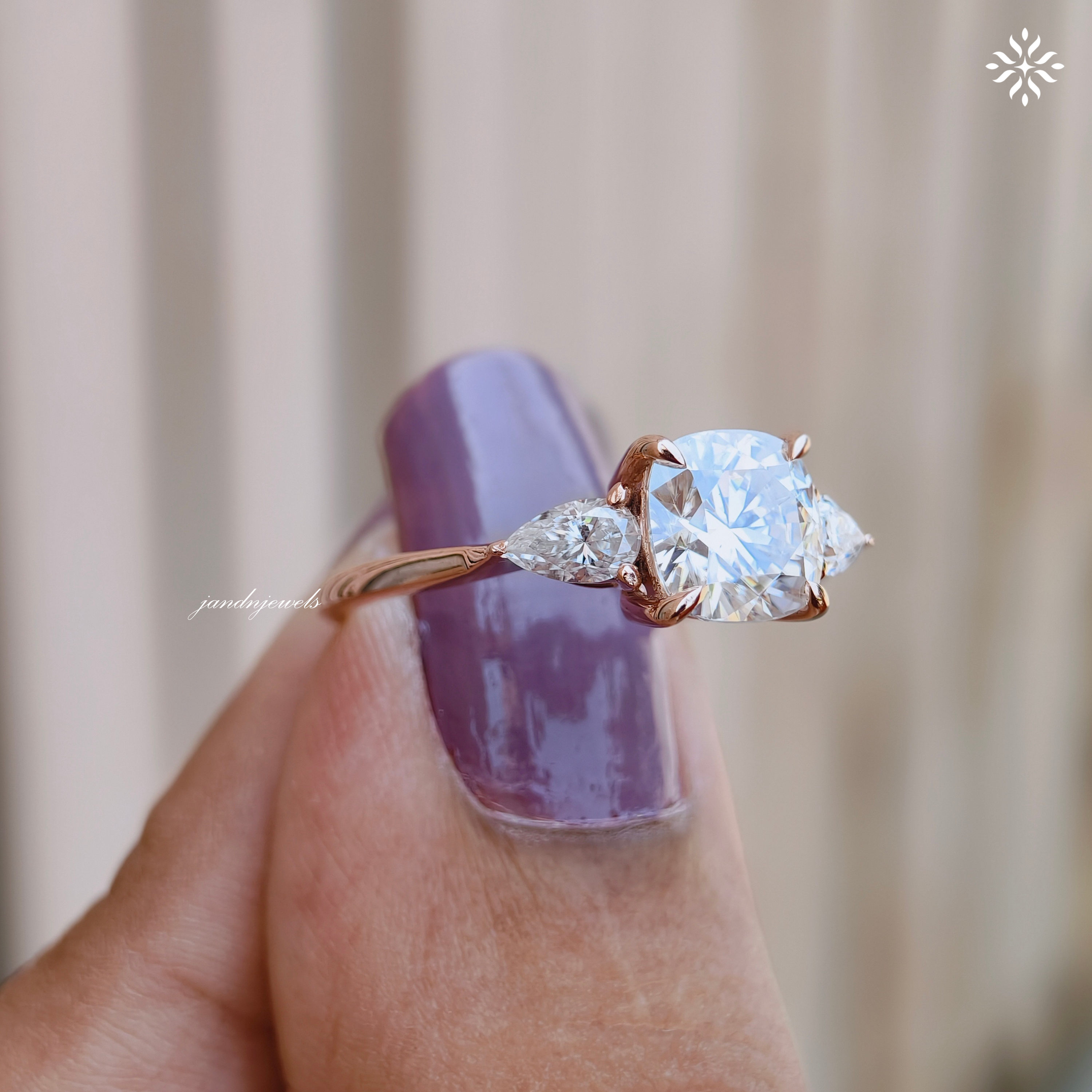2CT Three Stone Cushion Cut Moissanite Diamond Ring Trilogy Wedding Ring Side Stone Pear Shaped Ring Classic Ring