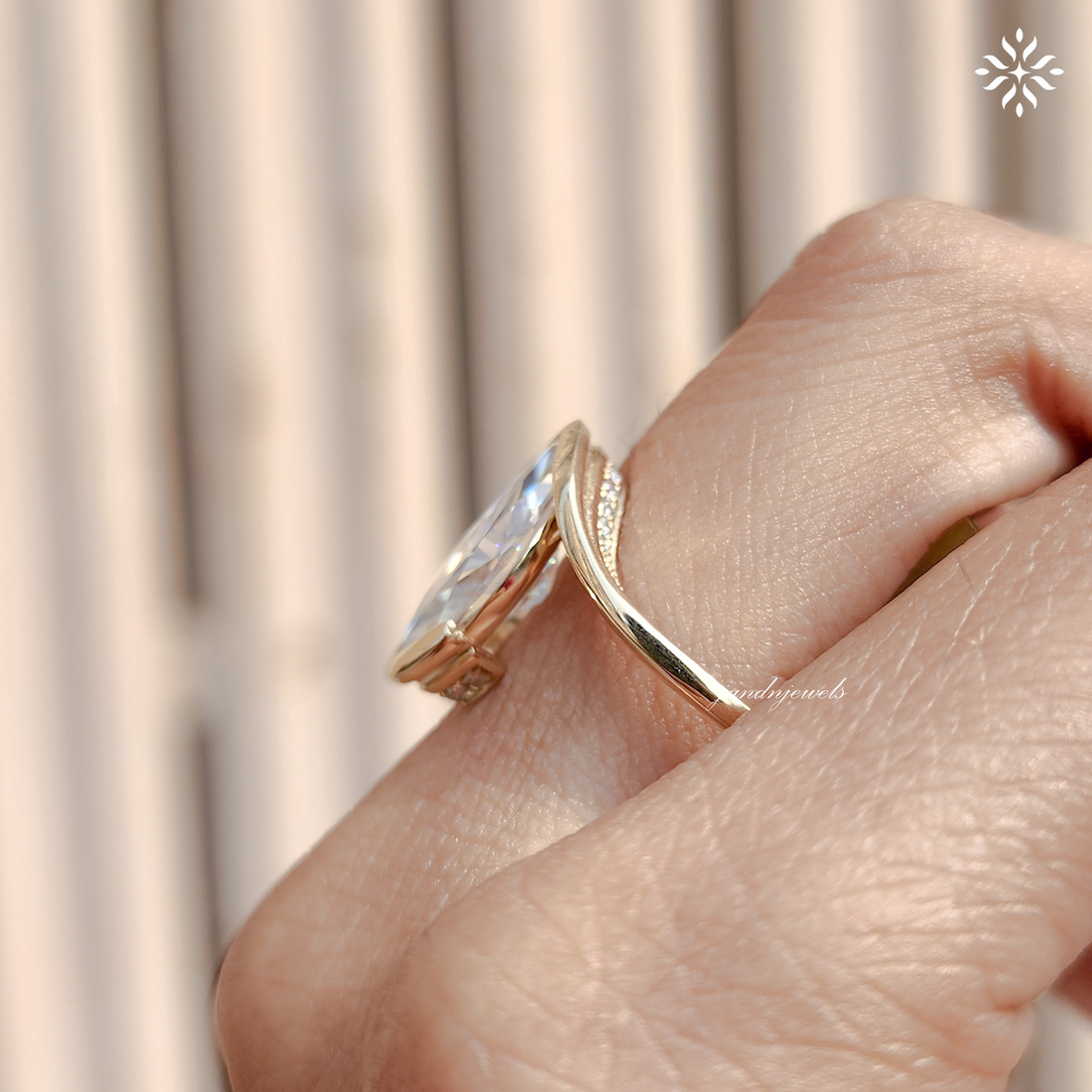 Marquise Moissanite Wrap Ring, Curved Pave Gold Band, Elegant Unique Engagement Ring for Women