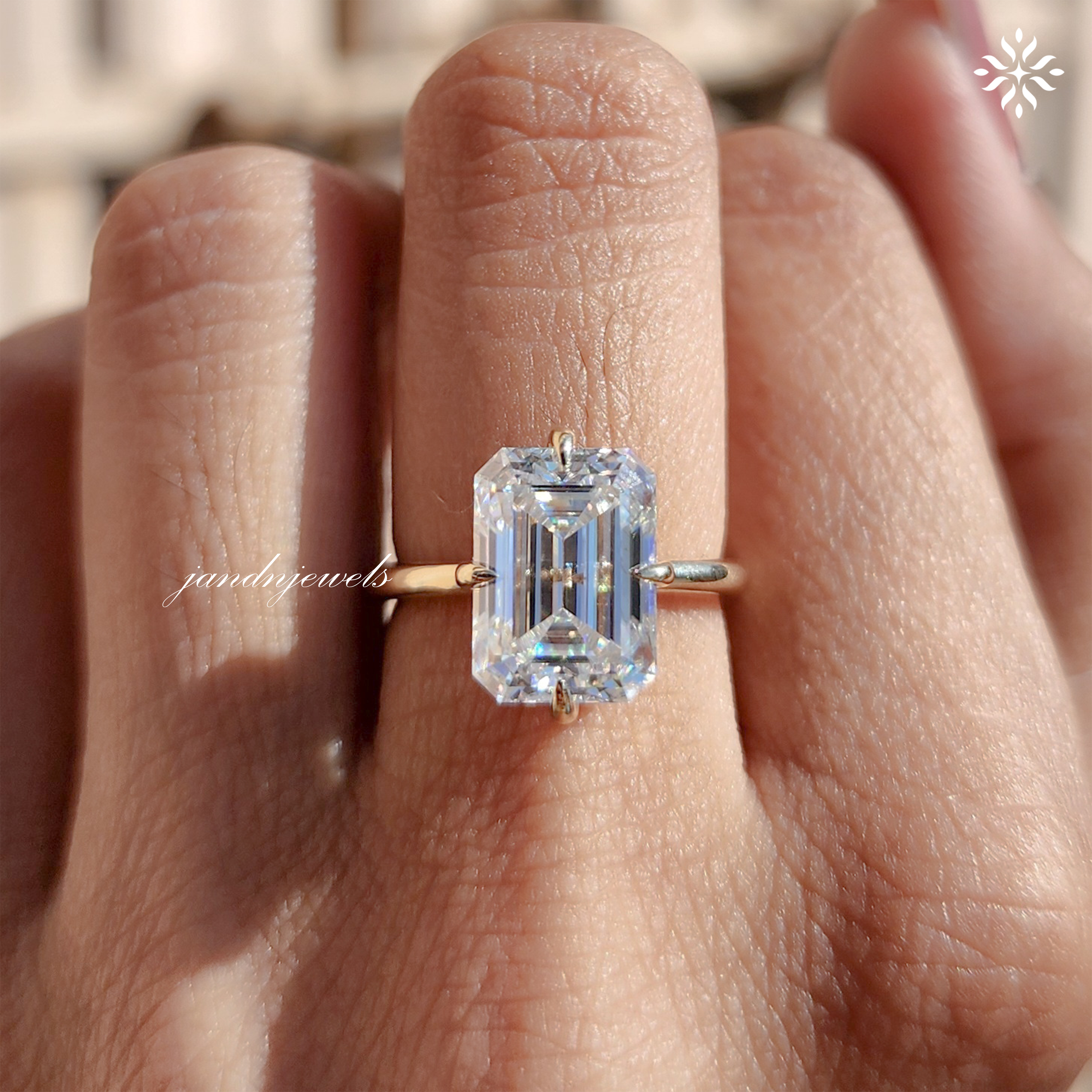 3CT Emerald Cut Moissanite Engagement Ring 14K Solid Yellow Gold Wedding Ring Compass Prong Set Ring Solitaire Diamond Ring Propose Ring