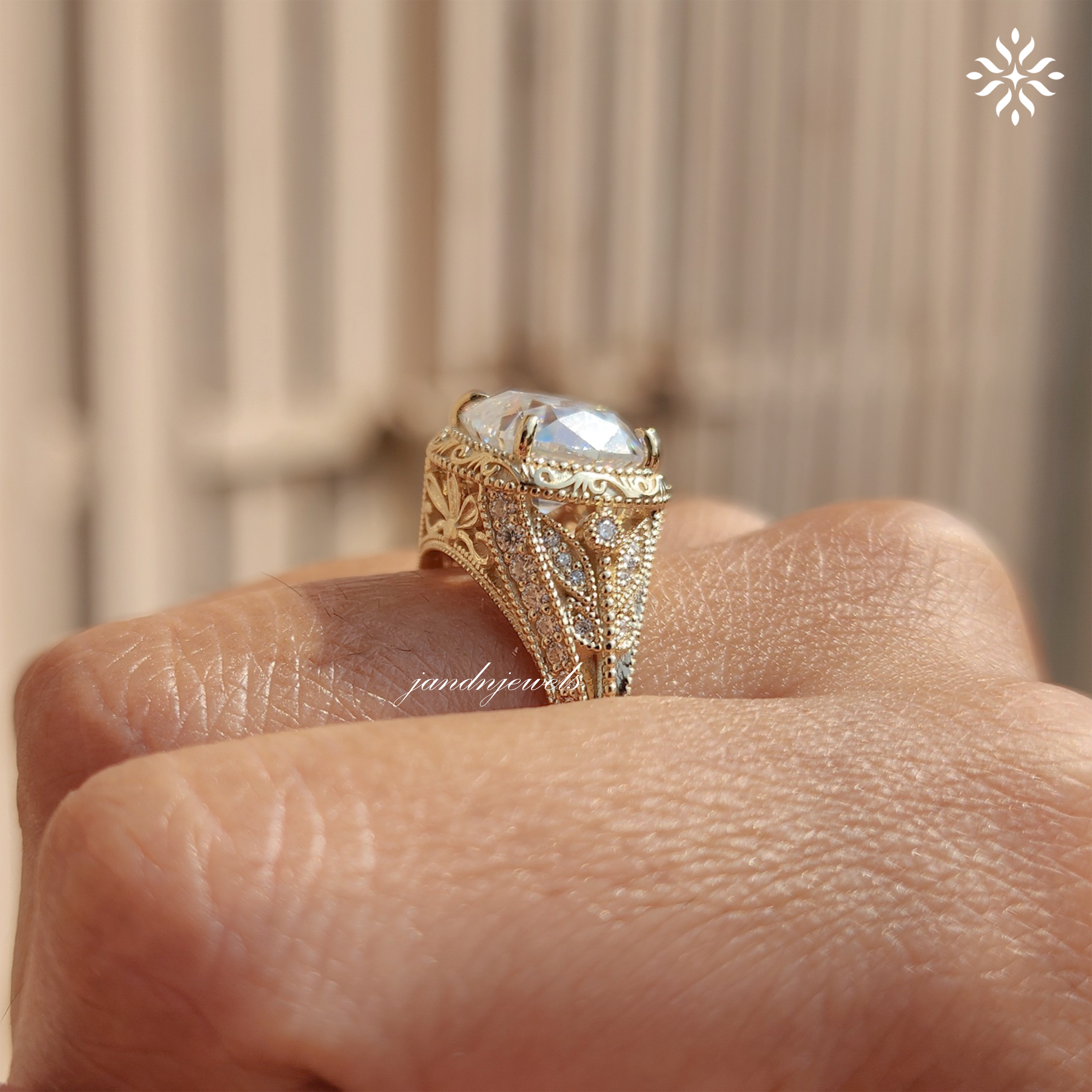 Art Deco Old Mine Cushion Cut Moissanite Engagement Ring Handcrafted Engraved Milgrain Ring 14K Solid Gold Vintage Ring, Taylor Swift Ring