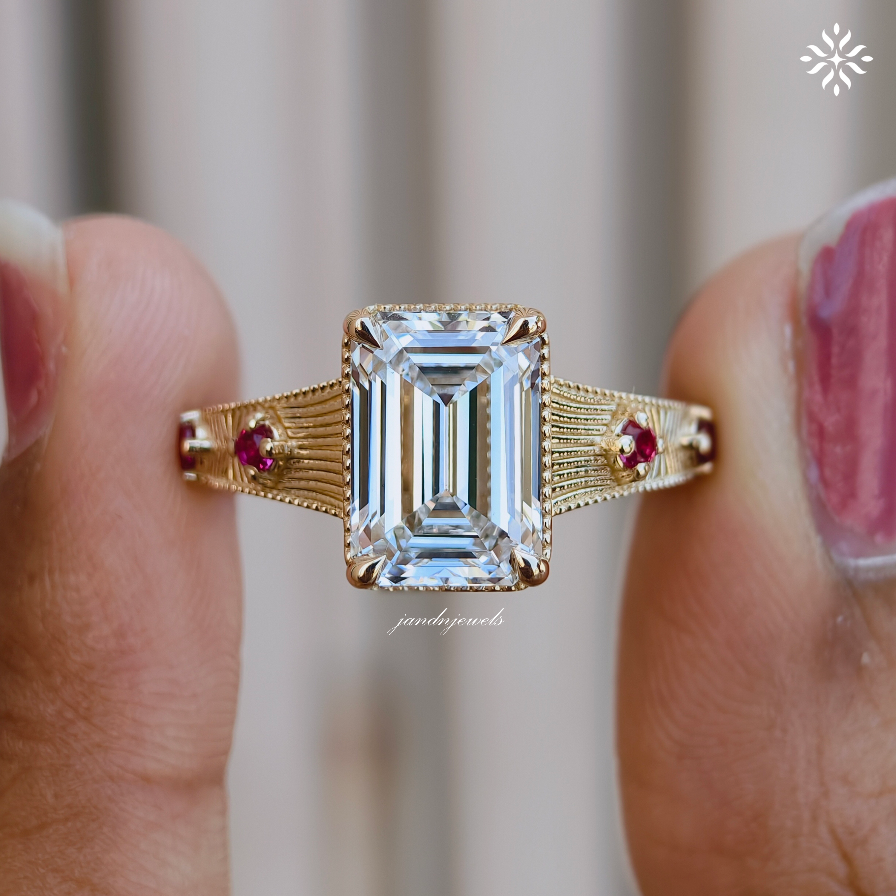 3CT Emerald Cut Lab Grown Diamond Engagement Ring, Pink Sapphire Side Stone Ring, Vintage Inspired Engraved Band, 14K Gold Wedding Ring
