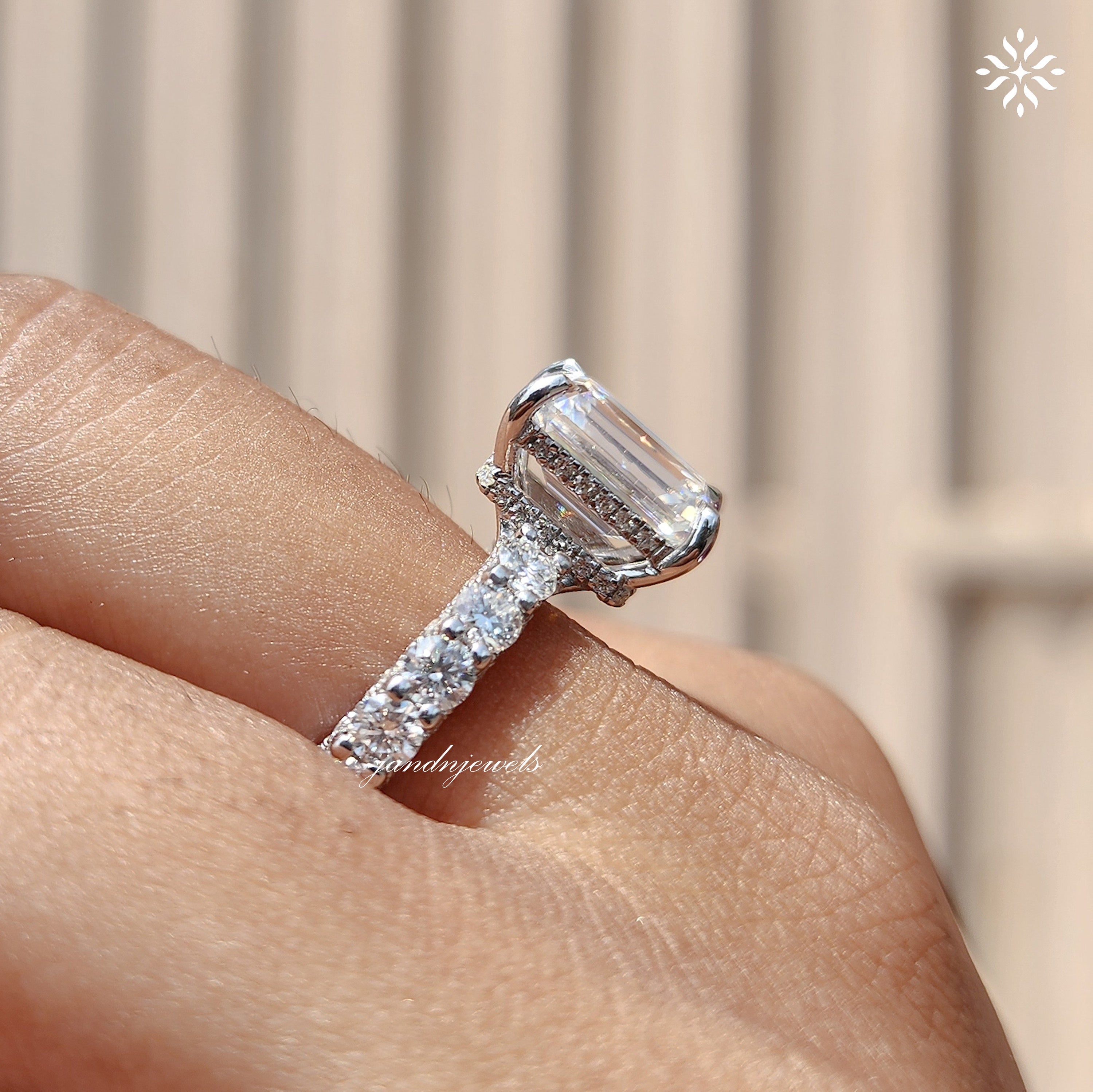 2.5CT Emerald Cut Moissanite Engagement Ring Unique Dabble Hidden Halo Ring 14K Solid Gold Ring for Women