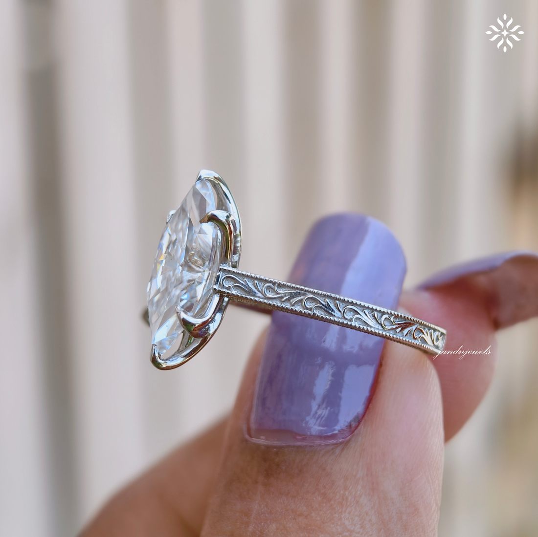 2.5CT Filigree Marquise Cut Moissanite Engagement Ring Art Deco Engraved Band Solitaire Ring 14K Gold Six Prong Designer Bridal Ring for Her