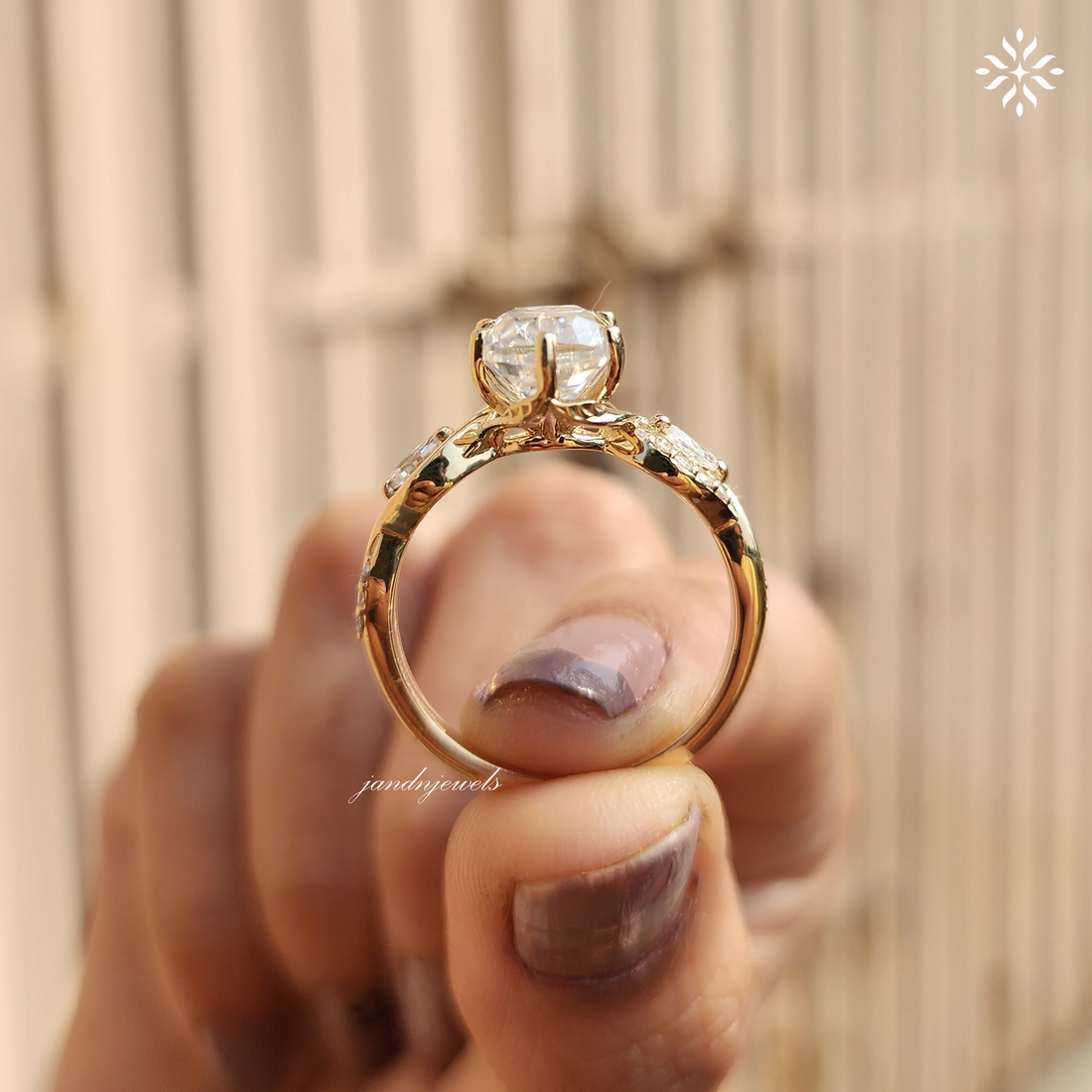 Old Mine Cushion Cut Moissanite Engagement Ring Nature Inspired Leaf Design Ring 14K Solid Gold Ring Floral Art Deco Ring Wedding Ring