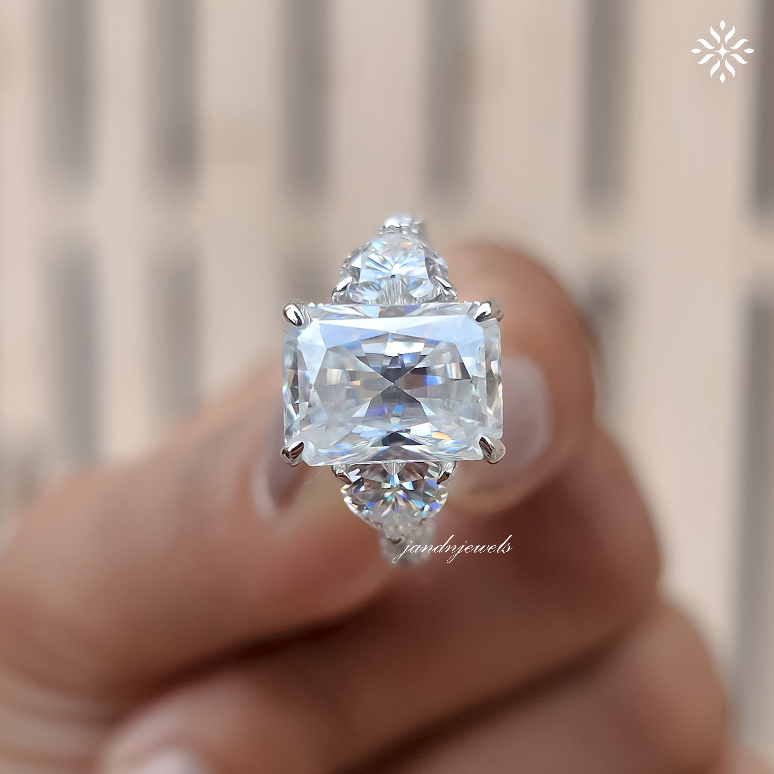 Three Stone Radiant Cut Moissanite Engagement Ring Side Stone Heart Ring