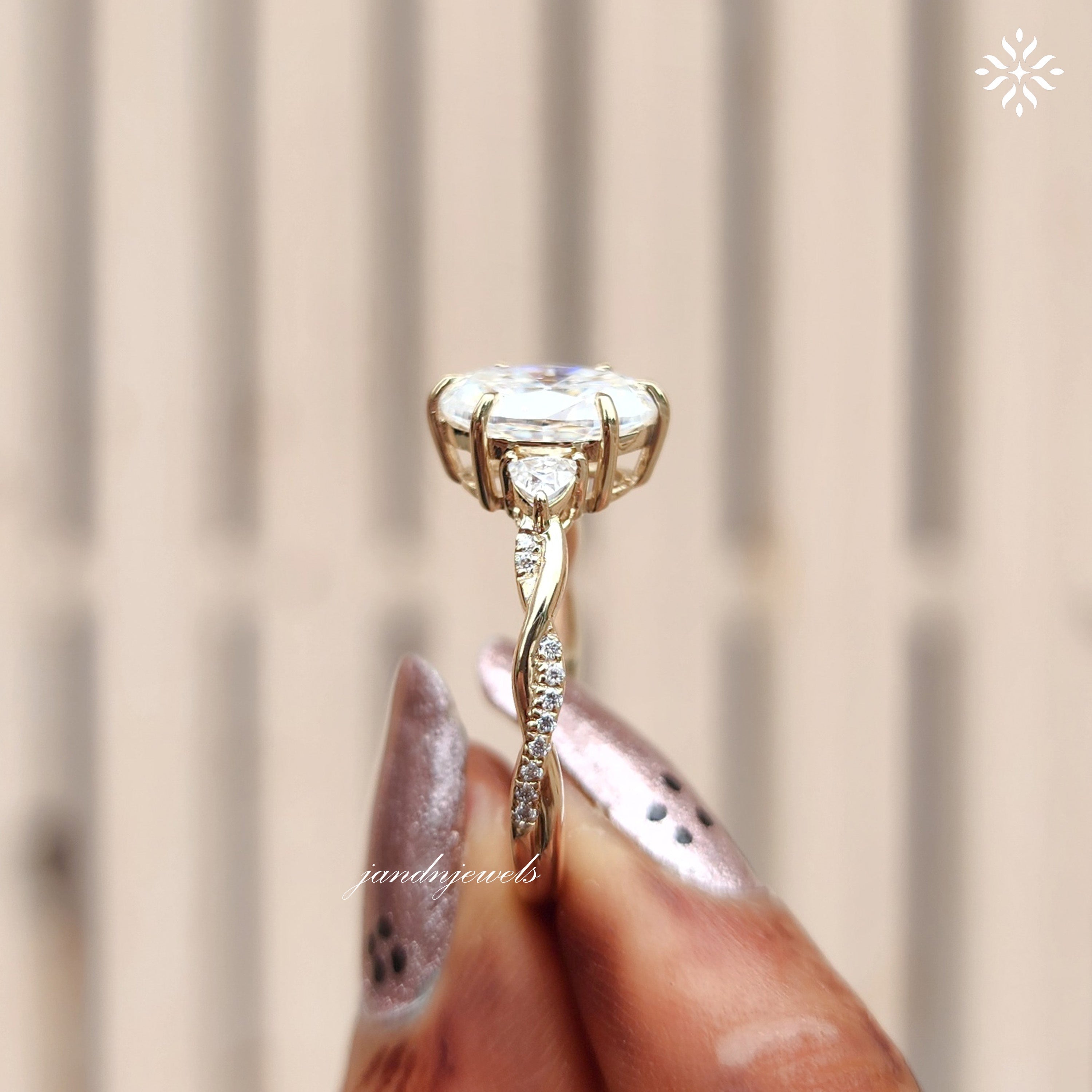 Three Stone oval Cut Moissanite Engagement Ring Twisted Band Wedding Ring Side Stone Trillion Side Stone Ring