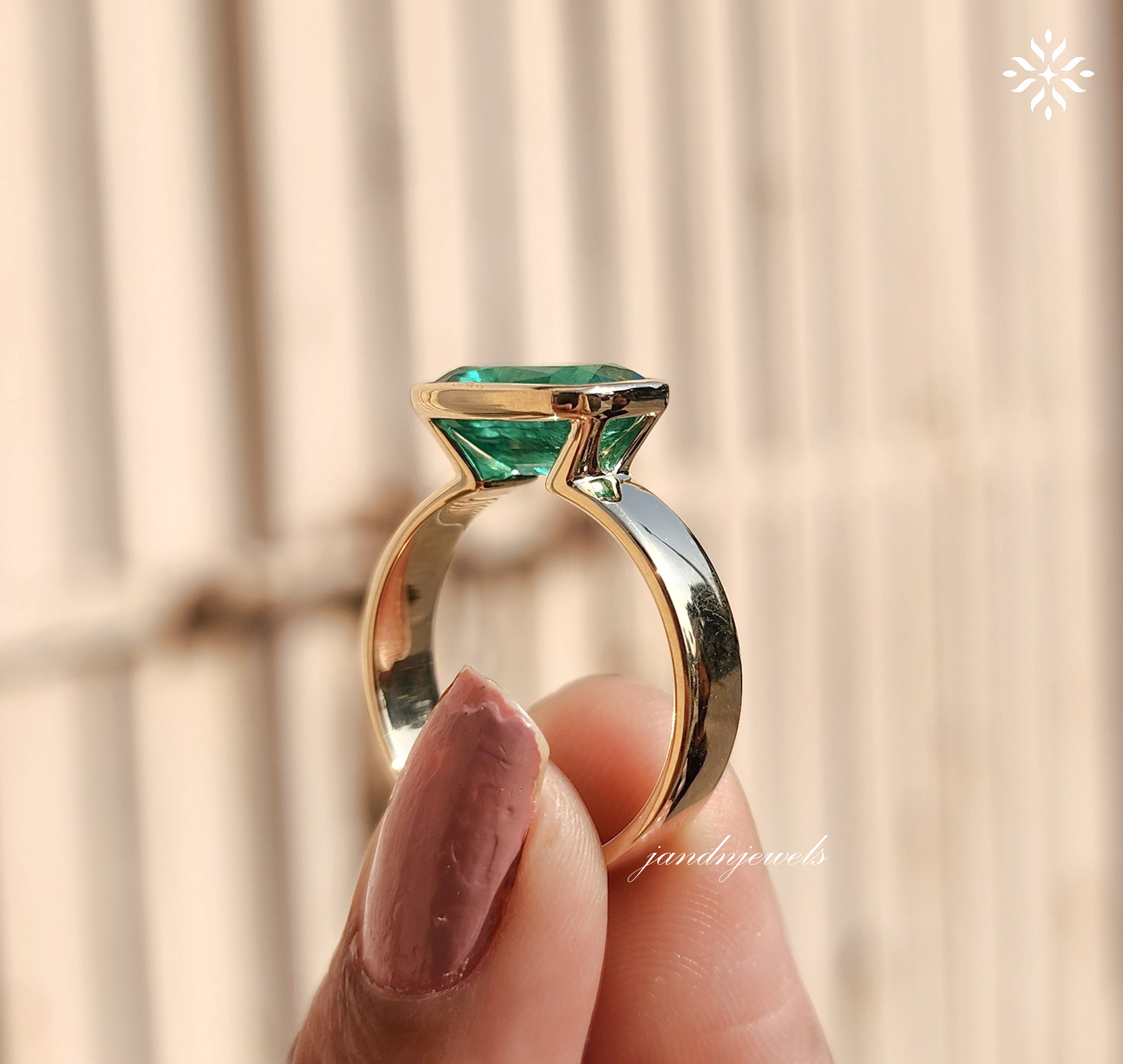 Green Emerald Cushion Cut Ring Bezel Set Solitaire 14K Gold Engagement Ring East West Ring