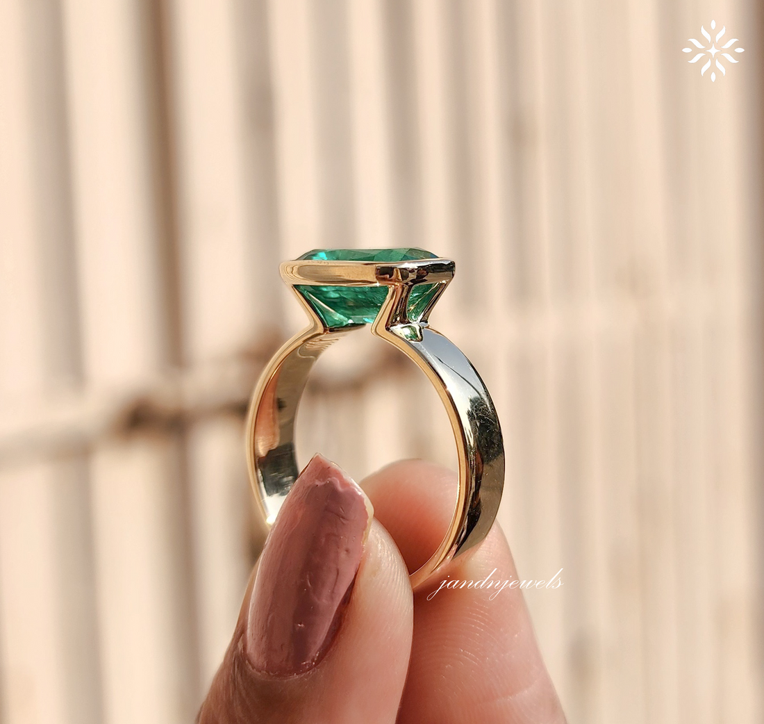 Green Emerald Cushion Cut Ring Bezel Set Solitaire 14K Gold Engagement Ring East West Ring