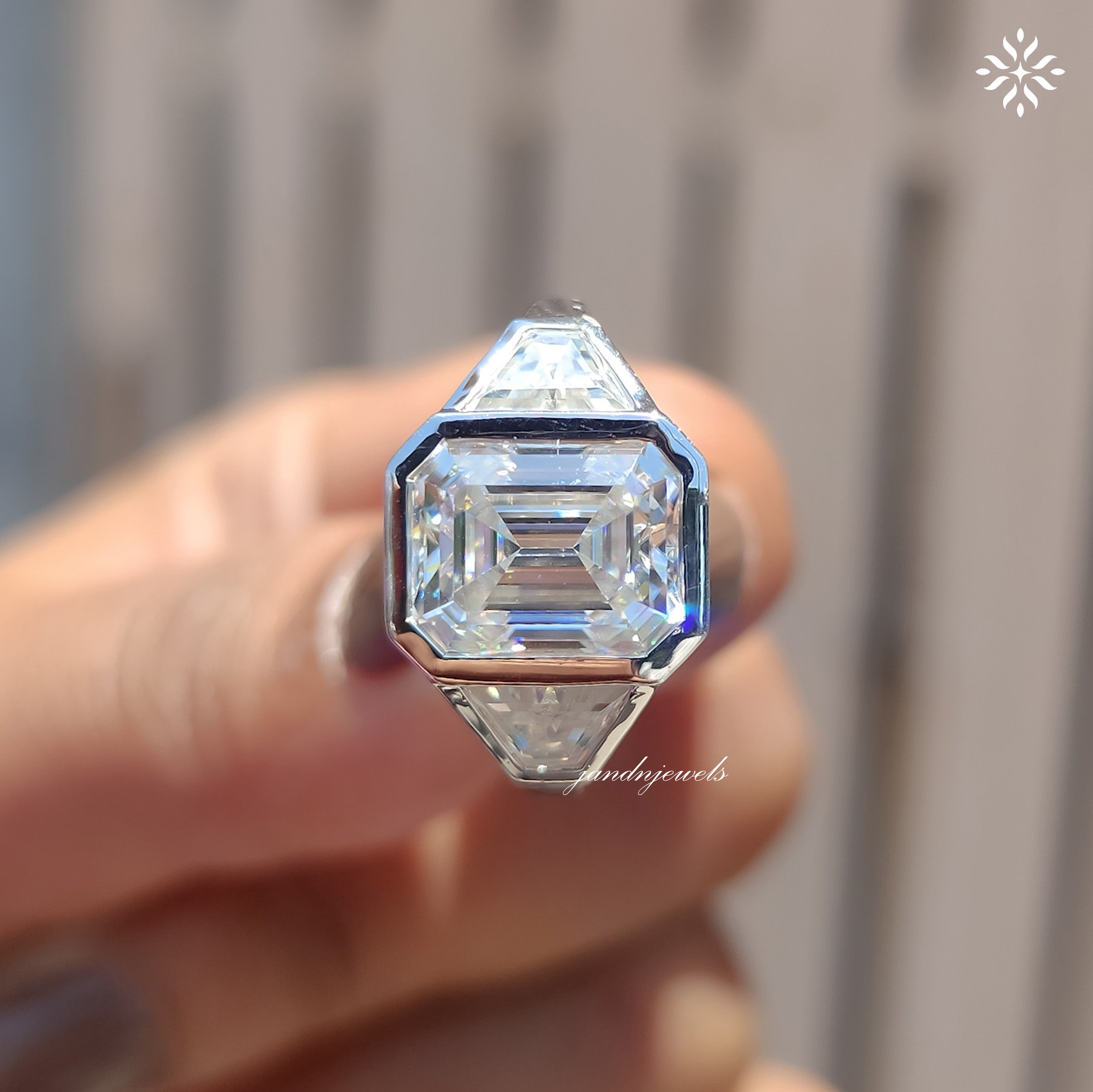Three Stone Emerald Cut Moissanite Engagement Ring Bezel Set Diamond Ring Trilogy Ring for Her