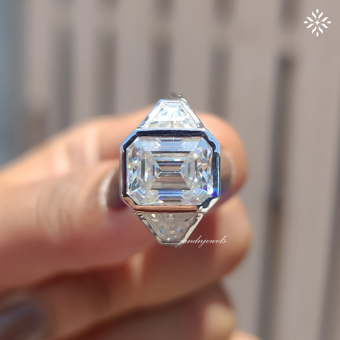 Three Stone Emerald Cut Moissanite Engagement Ring Bezel Set Diamond Ring Trilogy Ring for Her