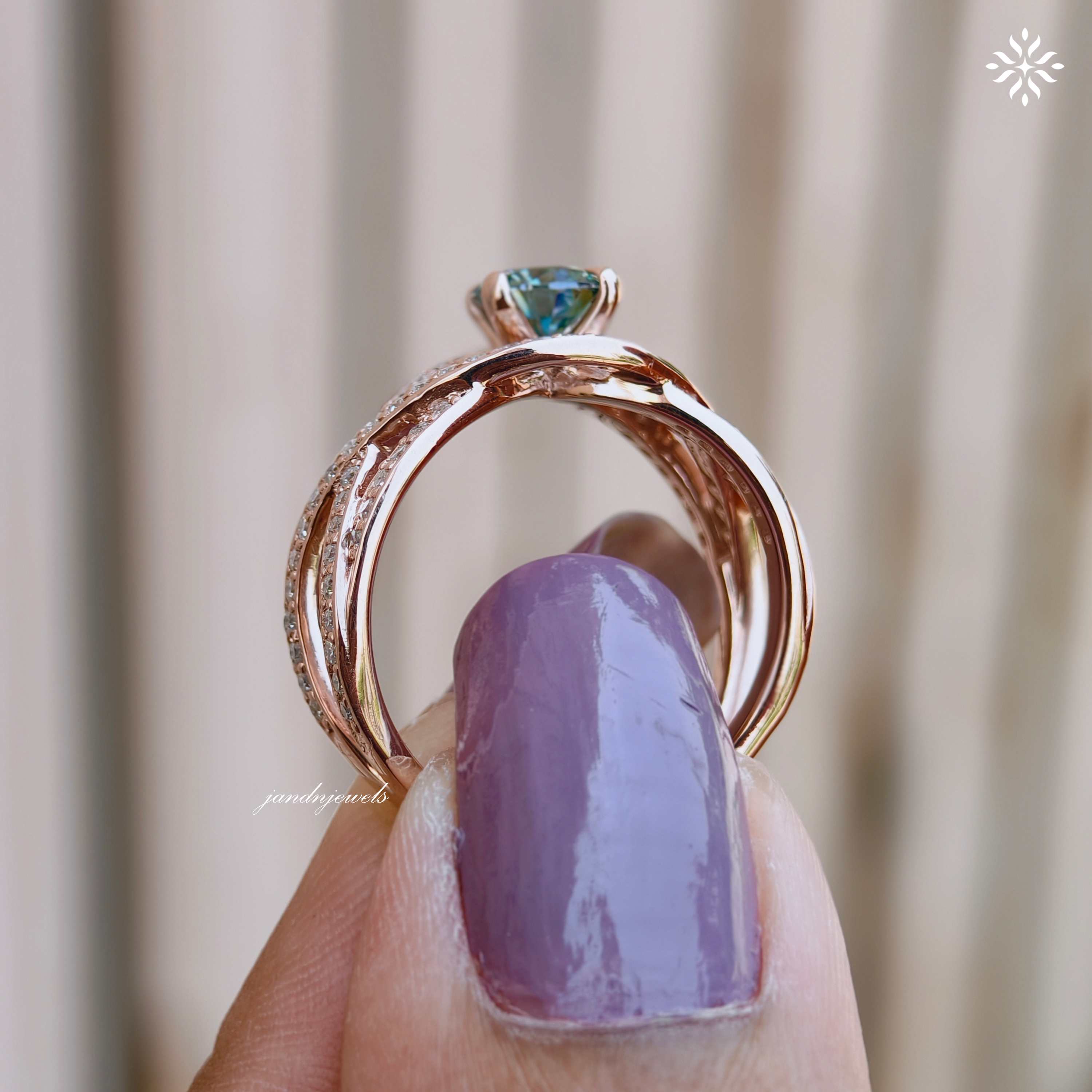 Cyan Blue Round Cut Moissanite Engagement Ring, Floral Wedding Ring, Unique Pave Band, 14K Gold Ring, Diamond Ring, Anniversary Ring