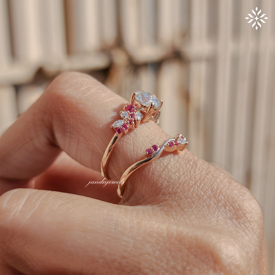 Round Cut Moissanite Engagement Ring Set lab Pink Sapphire Diamond Ring Vintage Rose Gold Bridal Ring Set Amethyst wedding Art Deco Ring Everbee logo Analyze listing