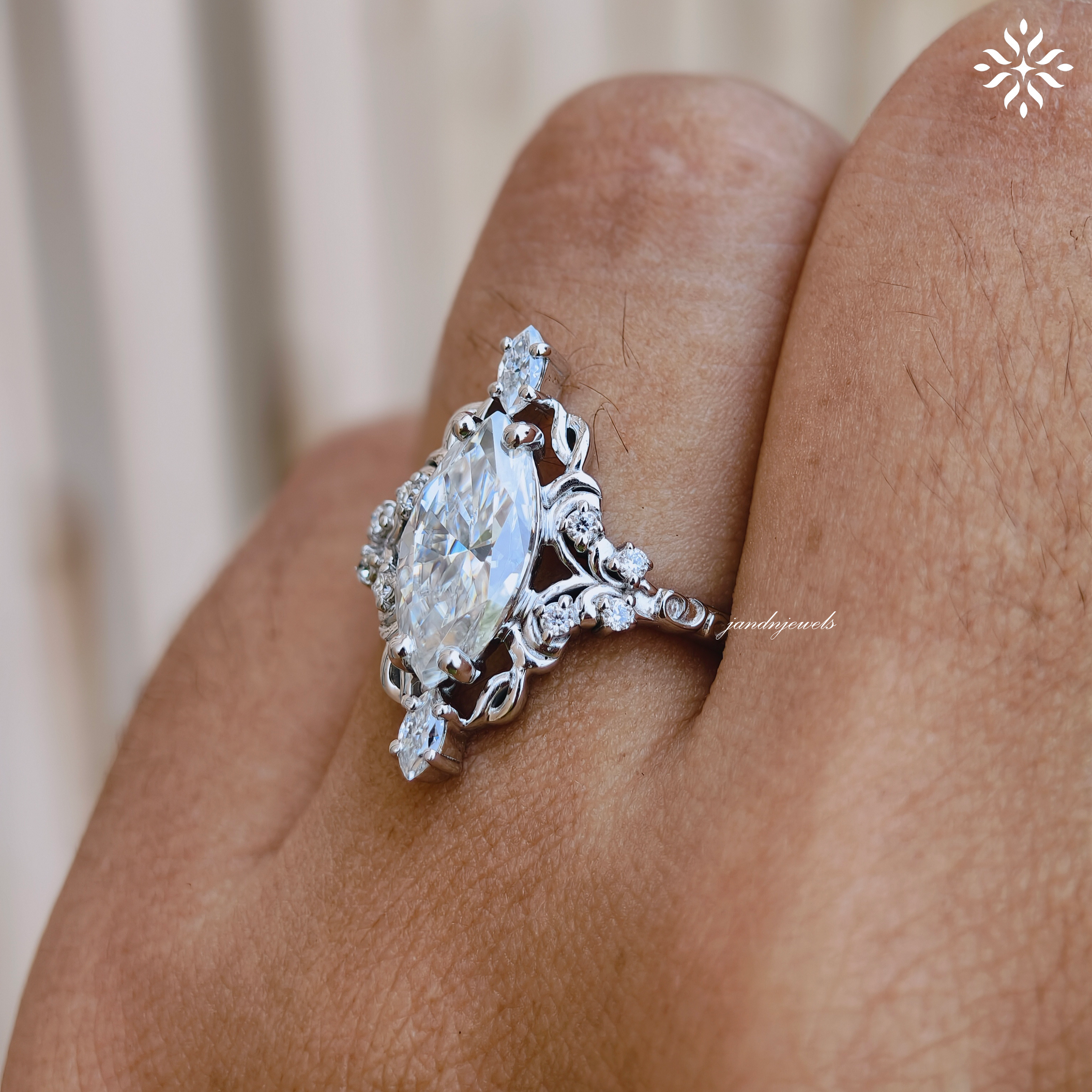 2 Carat Marquise Cut Moissanite Engagement Ring Vintage Inspired Floral Ring Antique Style Engraved Band 14K Gold Unique Bridal Ring