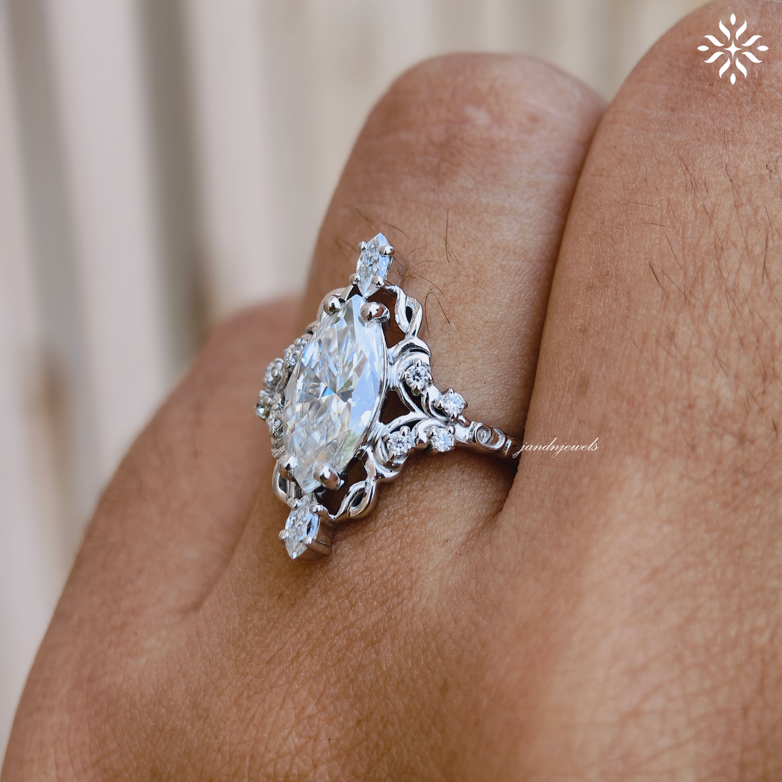 2 Carat Marquise Cut Moissanite Engagement Ring Vintage Inspired Floral Ring Antique Style Engraved Band 14K Gold Unique Bridal Ring
