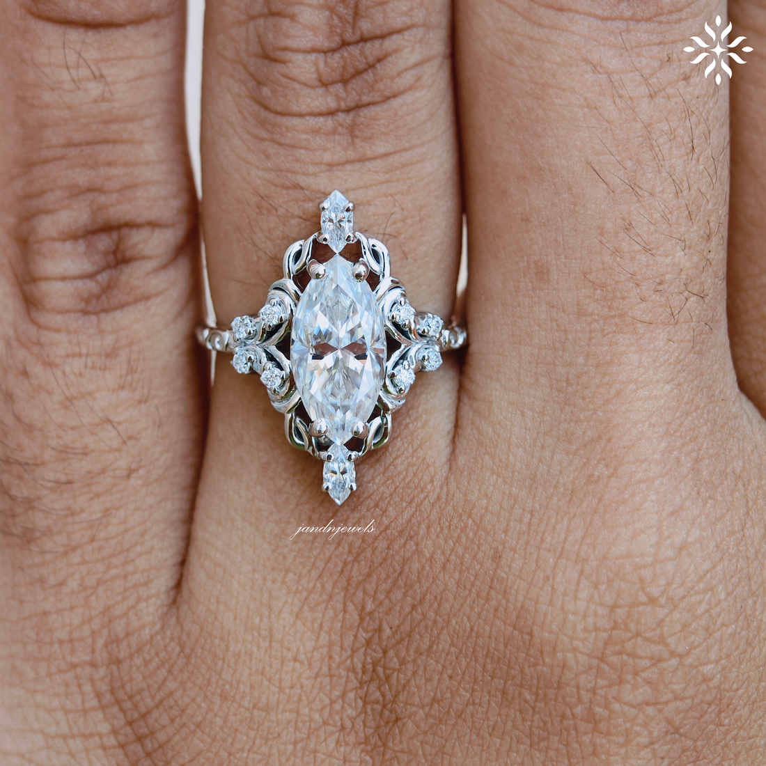 2 Carat Marquise Cut Moissanite Engagement Ring Vintage Inspired Floral Ring Antique Style Engraved Band 14K Gold Unique Bridal Ring