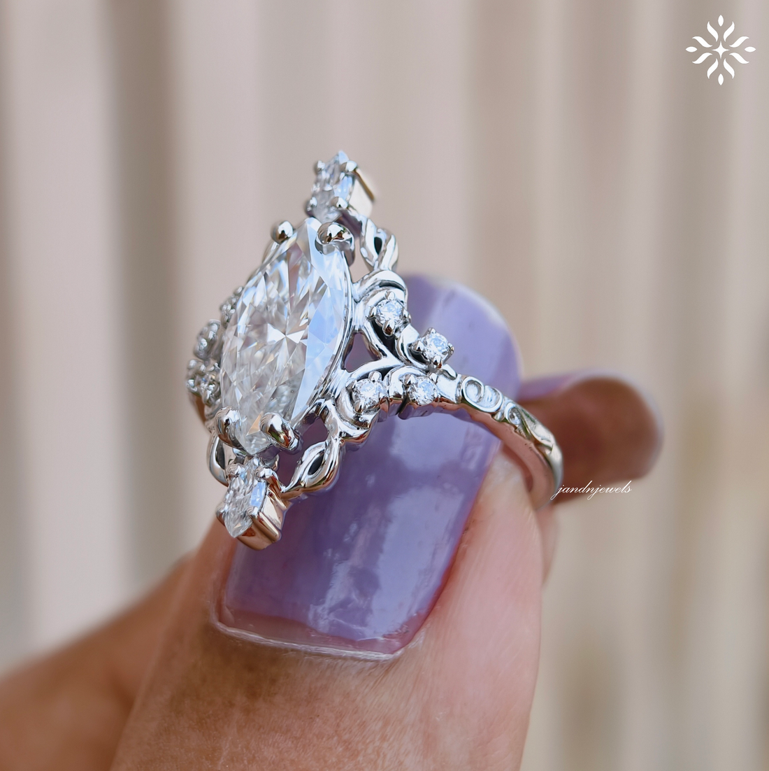 2 Carat Marquise Cut Moissanite Engagement Ring Vintage Inspired Floral Ring Antique Style Engraved Band 14K Gold Unique Bridal Ring