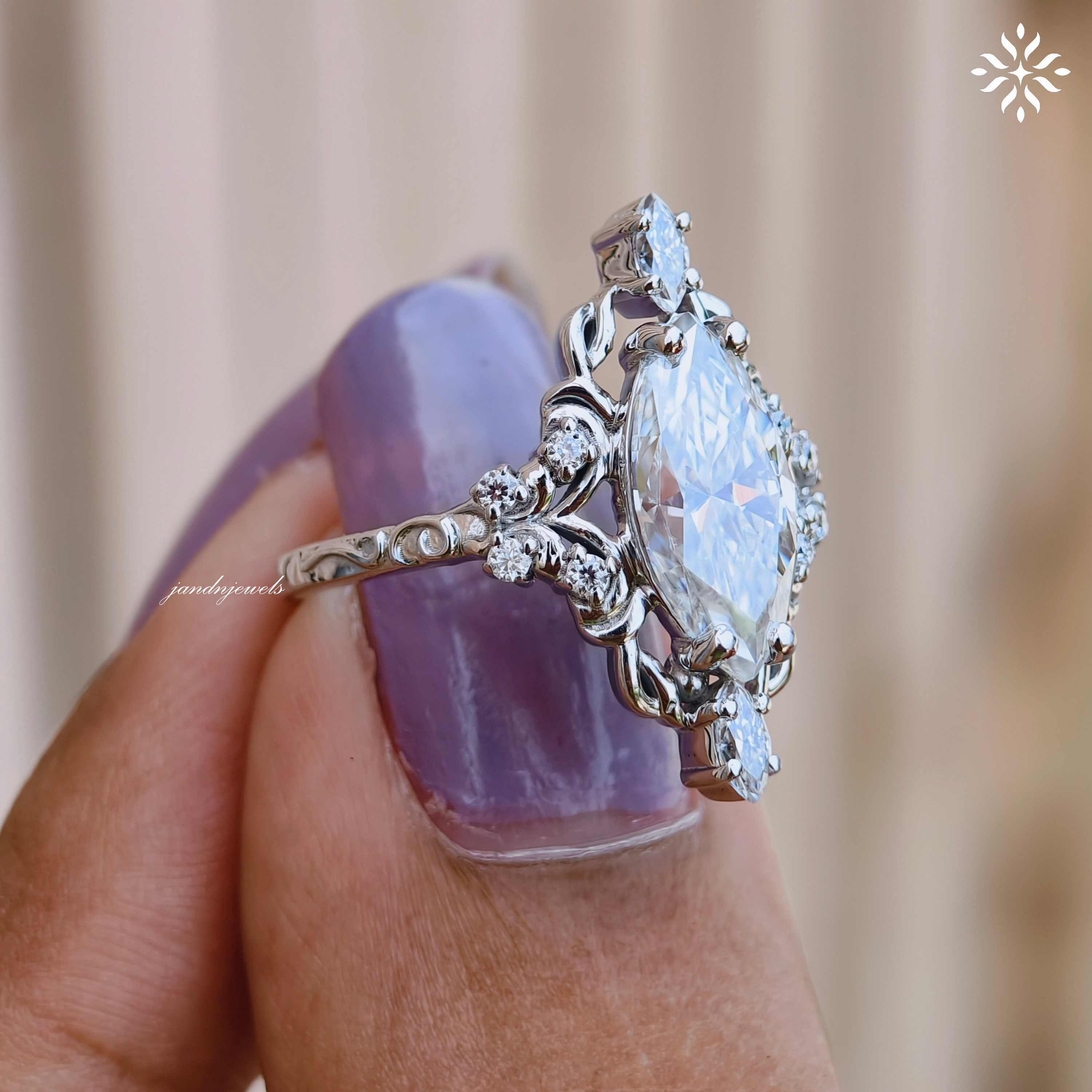 2 Carat Marquise Cut Moissanite Engagement Ring Vintage Inspired Floral Ring Antique Style Engraved Band 14K Gold Unique Bridal Ring