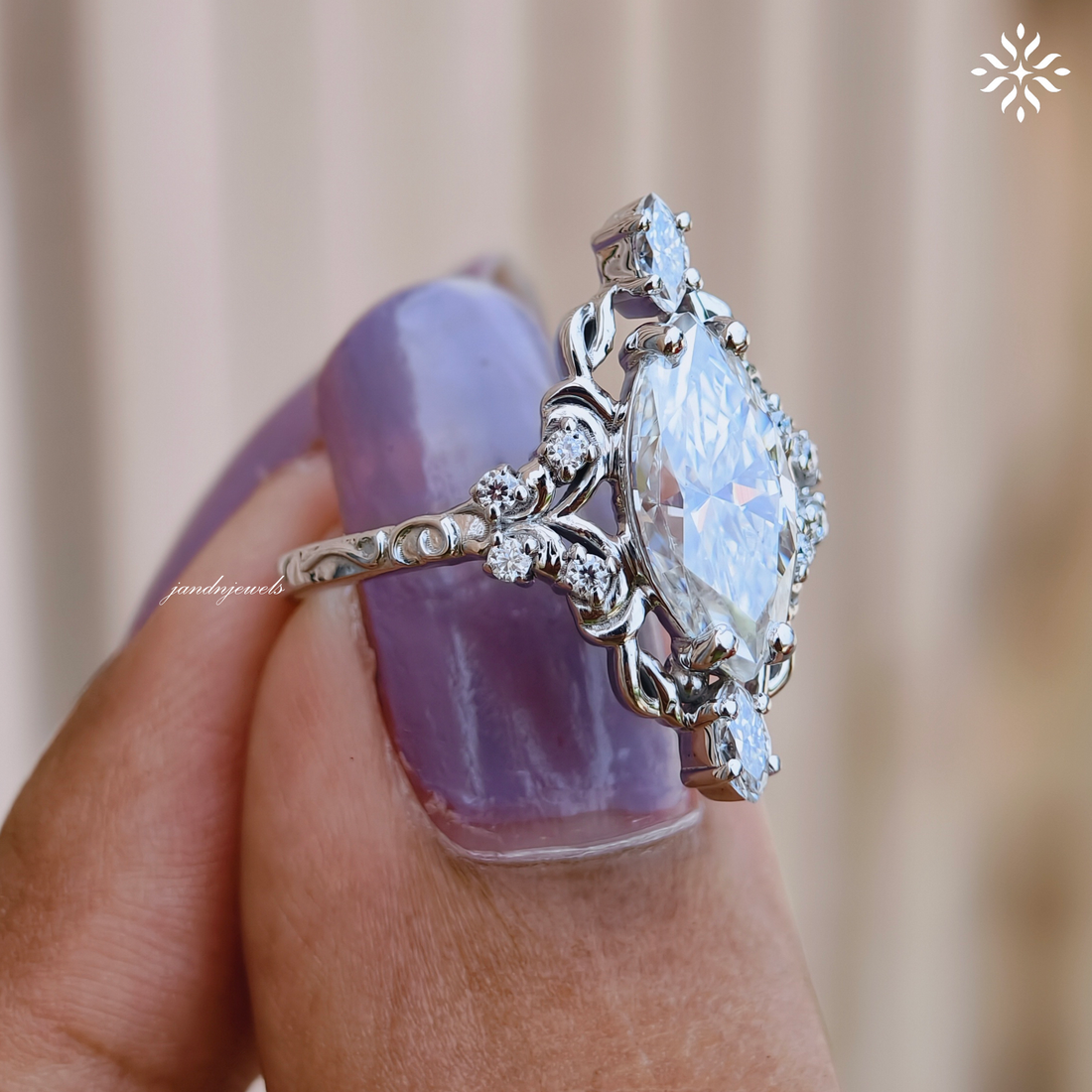 2 Carat Marquise Cut Moissanite Engagement Ring Vintage Inspired Floral Ring Antique Style Engraved Band 14K Gold Unique Bridal Ring