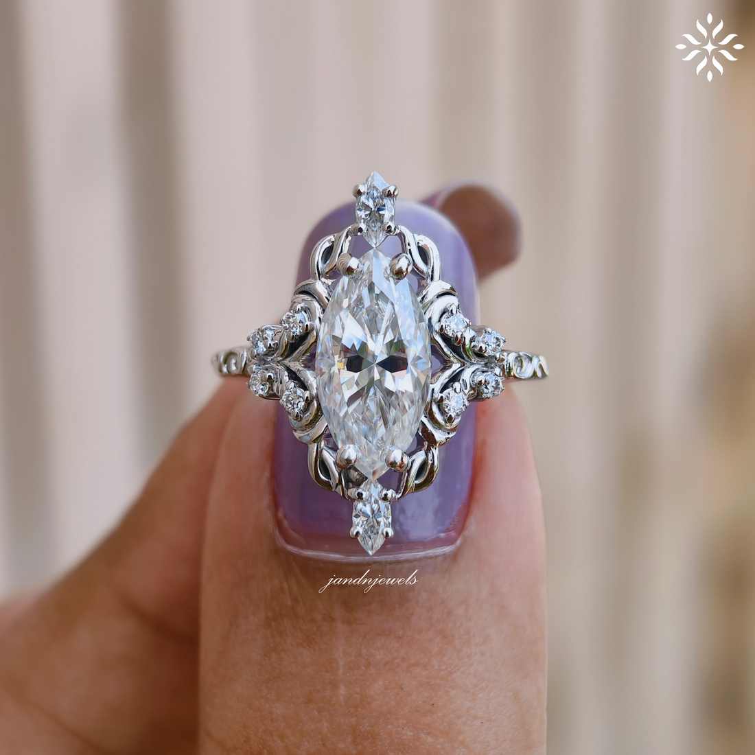 2 Carat Marquise Cut Moissanite Engagement Ring Vintage Inspired Floral Ring Antique Style Engraved Band 14K Gold Unique Bridal Ring